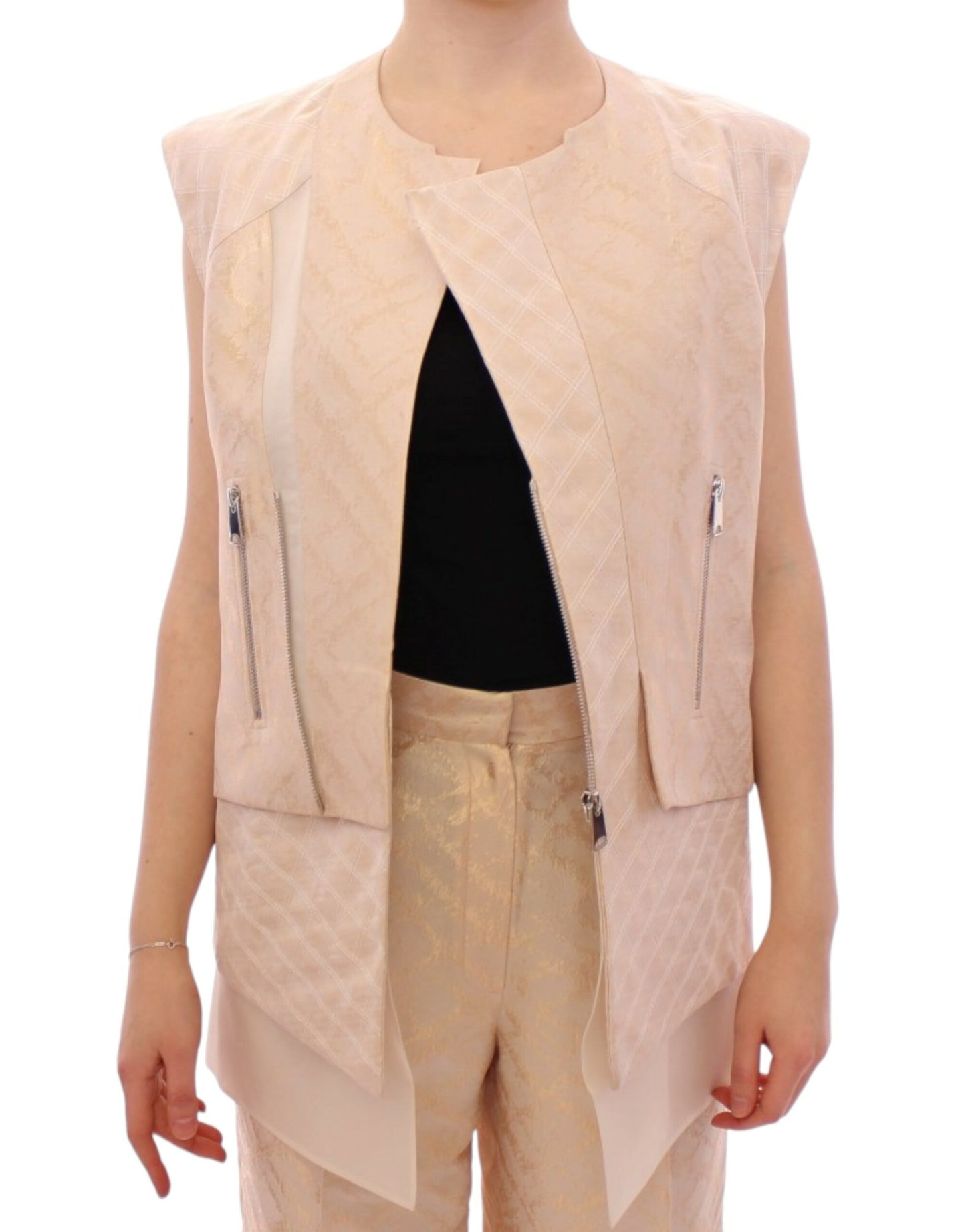 Zeyneptosun Beige ärmellose Brokatjacke