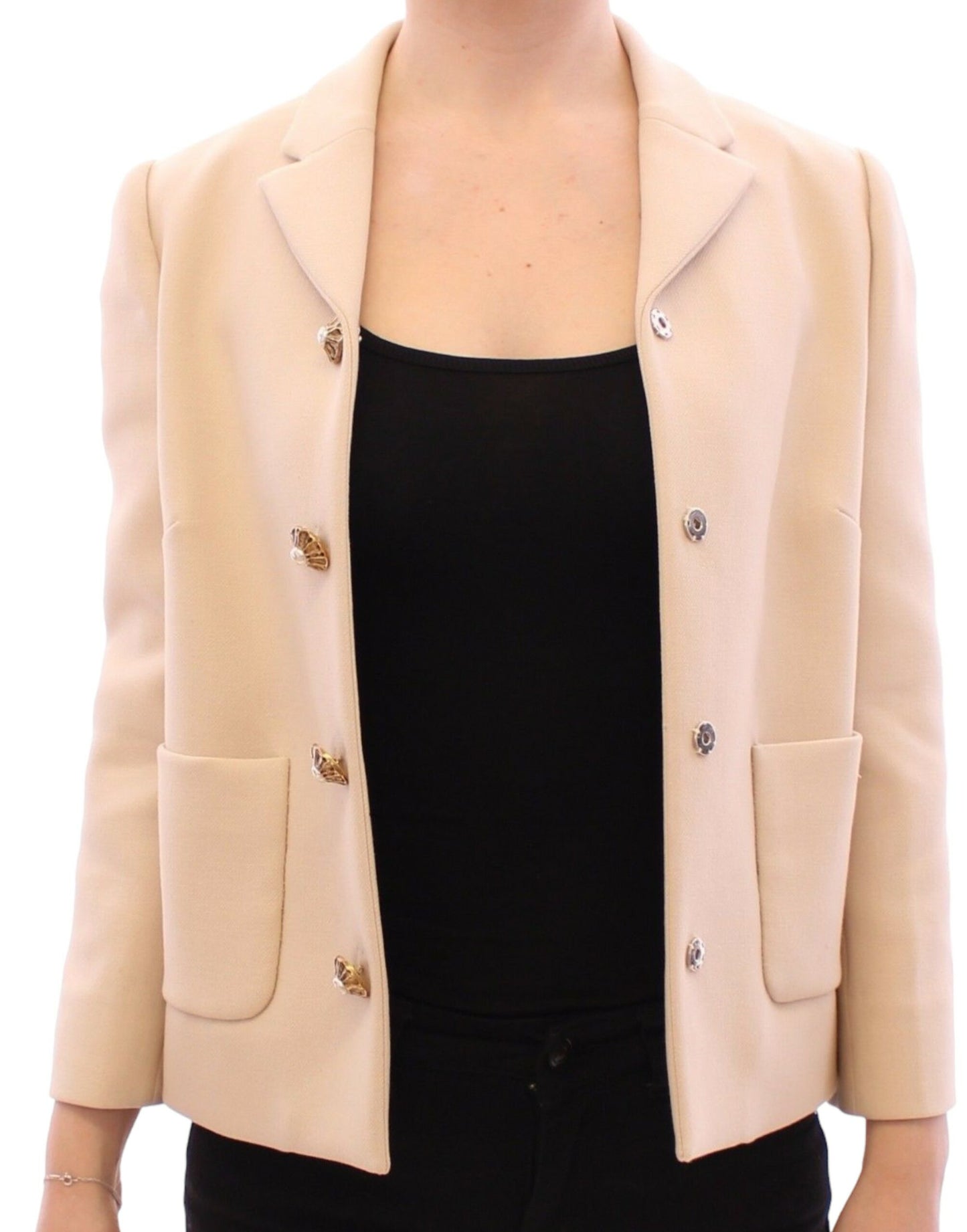 Dolce &amp; Gabbana Beige Wolle-Perlenknopf-Jacken-Blazer-Mantel