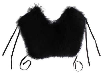 Dolce & Gabbana Elegant Black Fox Fur Silk Shoulder Wrap