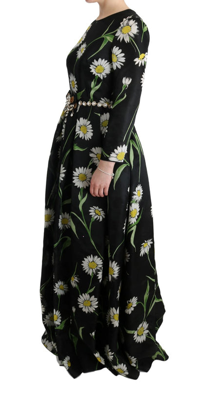 Dolce &amp; Gabbana Langes Maxikleid aus mehrfarbiger Seide mit Sonnenblumen-Print