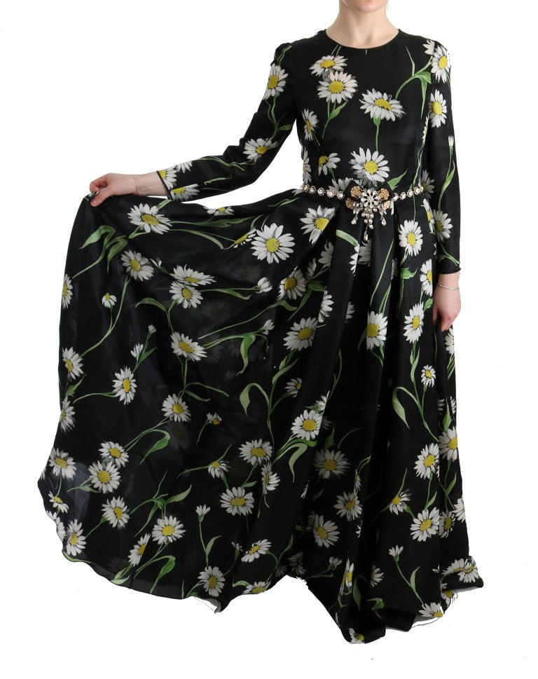 Dolce &amp; Gabbana Langes Maxikleid aus mehrfarbiger Seide mit Sonnenblumen-Print