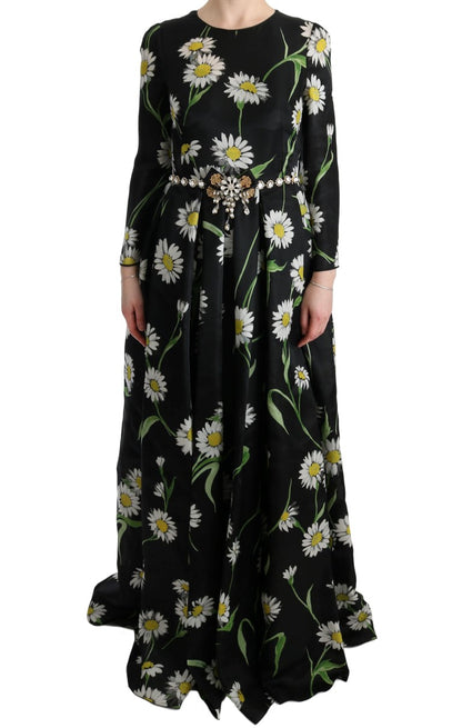 Dolce &amp; Gabbana Langes Maxikleid aus mehrfarbiger Seide mit Sonnenblumen-Print