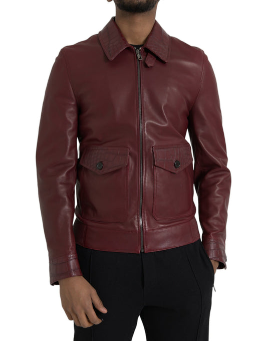 Dolce & Gabbana Maroon Exotic Leather Zip Biker Coat Jacket