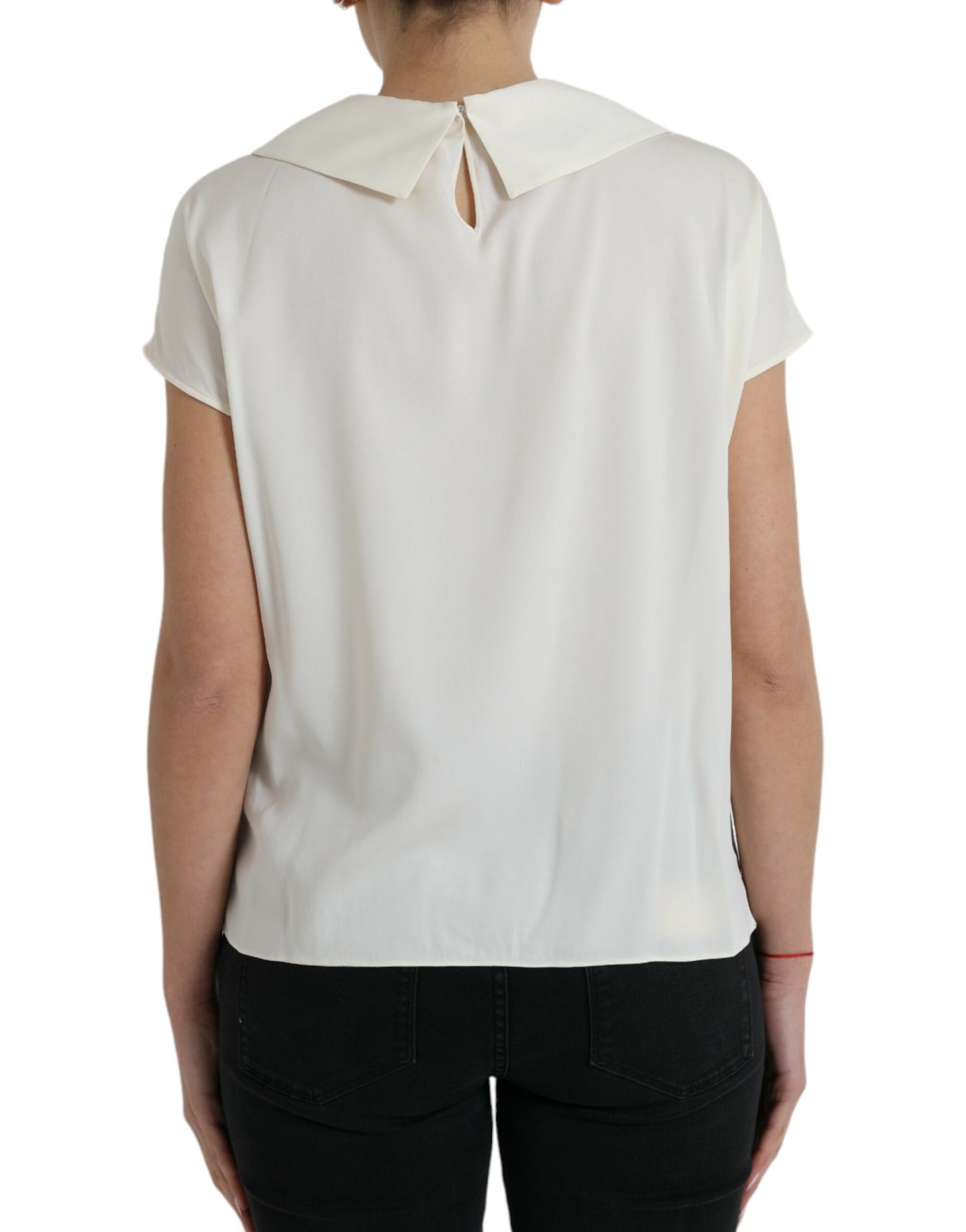 Dolce & Gabbana Elegant Off-White Lace-Trim Silk Blouse