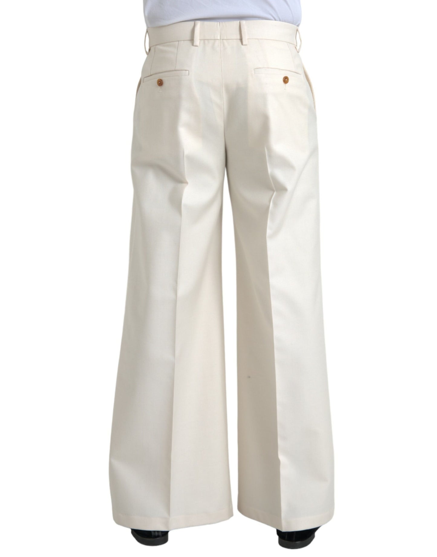 Dolce & Gabbana White Wool Wide Leg Mid Waist Pants