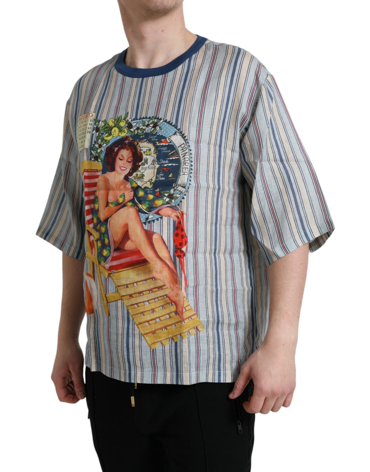 Mehrfarbiges Leinen-T-Shirt mit Agosto-Print von Dolce &amp; Gabbana