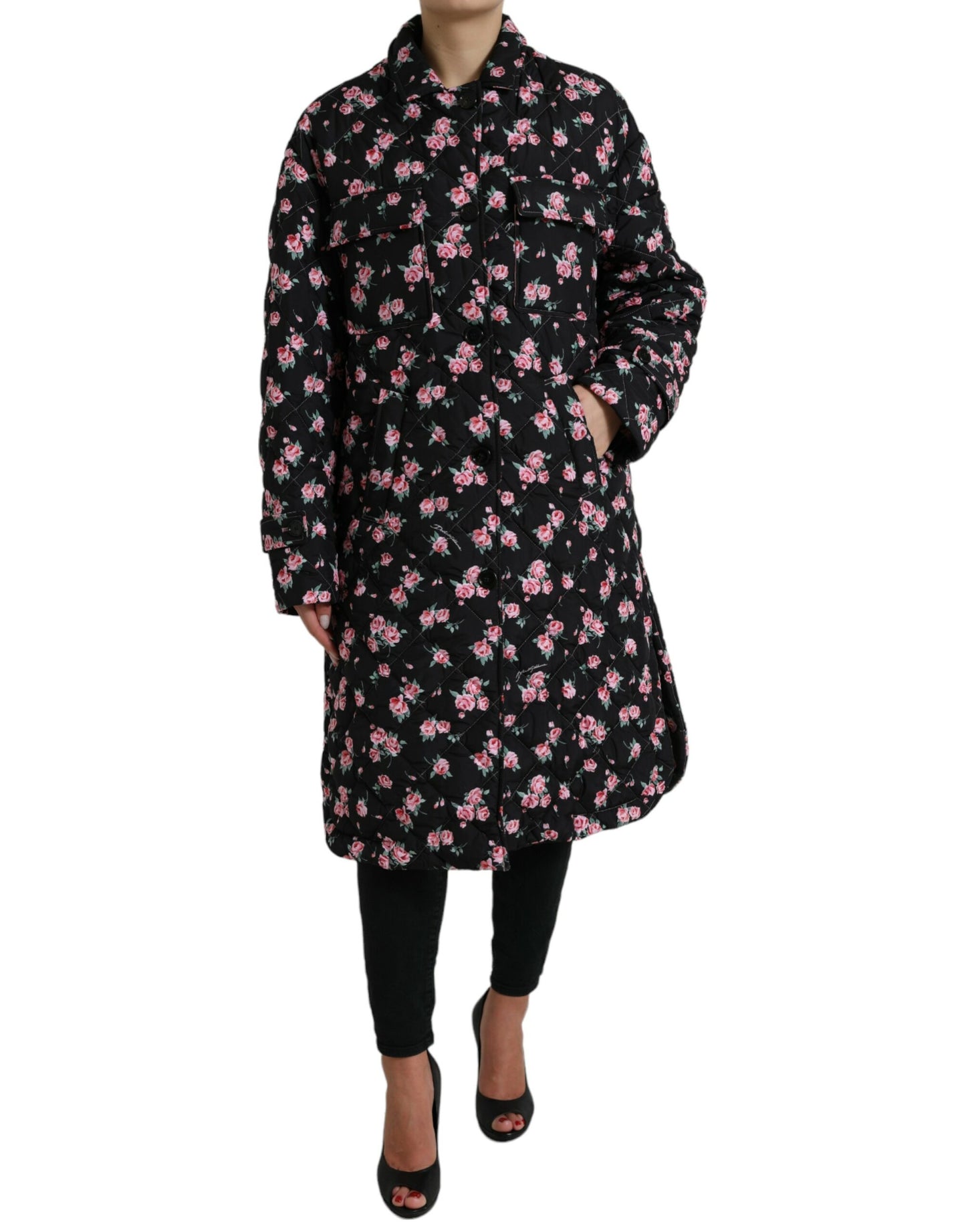 Schwarze Trenchcoat-Jacke mit Blumenkragen von Dolce &amp; Gabbana