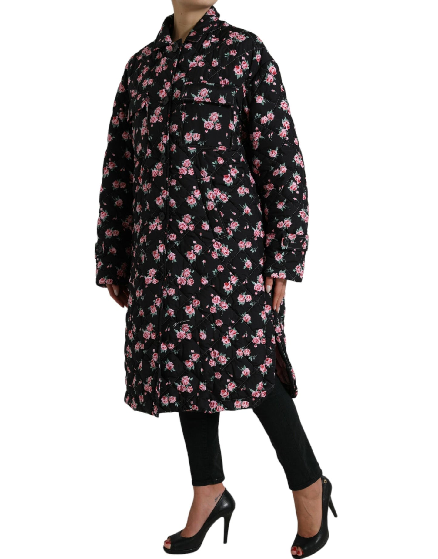 Schwarze Trenchcoat-Jacke mit Blumenkragen von Dolce &amp; Gabbana