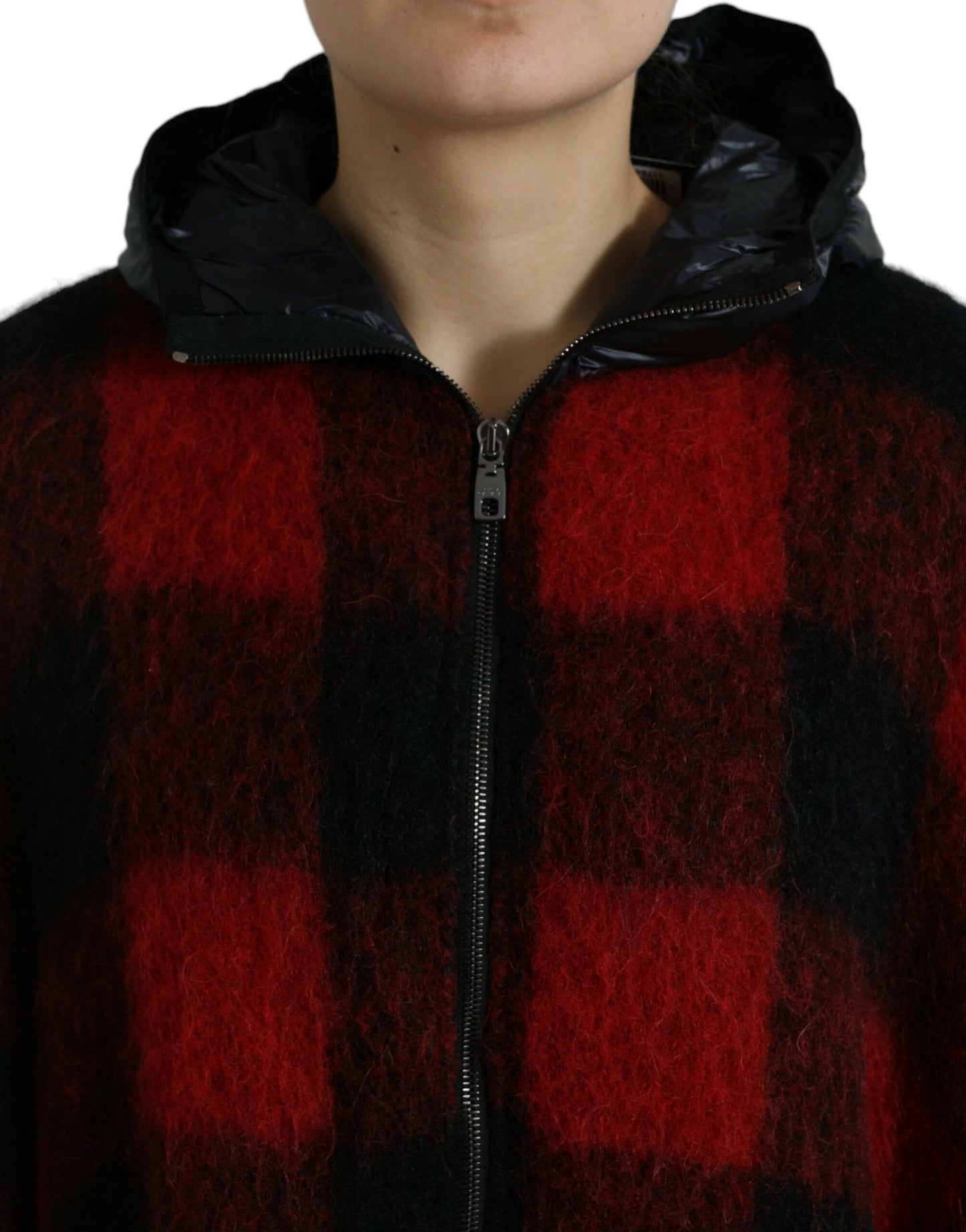 Dolce &amp; Gabbana Schwarz-rote Buffalo-Check-Ponchojacke mit Kapuze