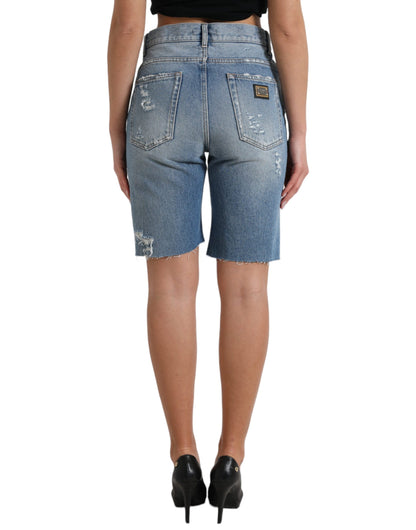 Blaue, zerfetzte, verzierte Bermudashorts von Dolce &amp; Gabbana