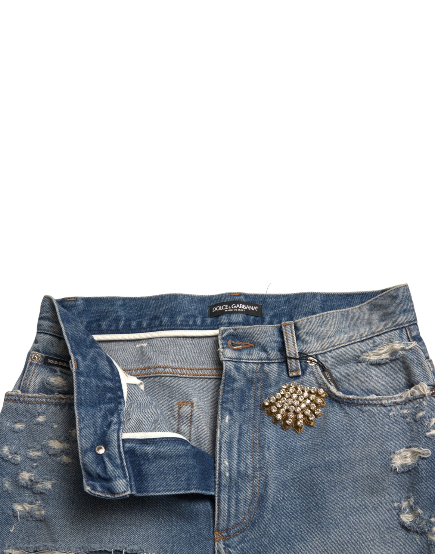 Blaue, zerfetzte, verzierte Bermudashorts von Dolce &amp; Gabbana