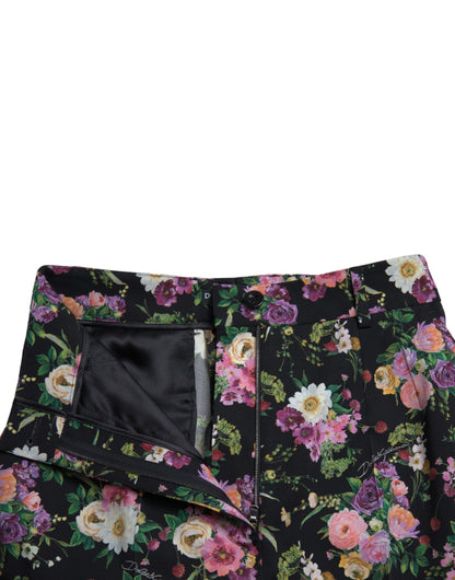 Dolce &amp; Gabbana Schwarze, geblümte Wollhose mit hoher Taille und weitem Bein