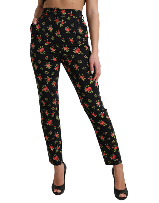 Dolce &amp; Gabbana Schwarze, schmal zulaufende Hose aus Wolle mit Blumenmuster und hoher Taille