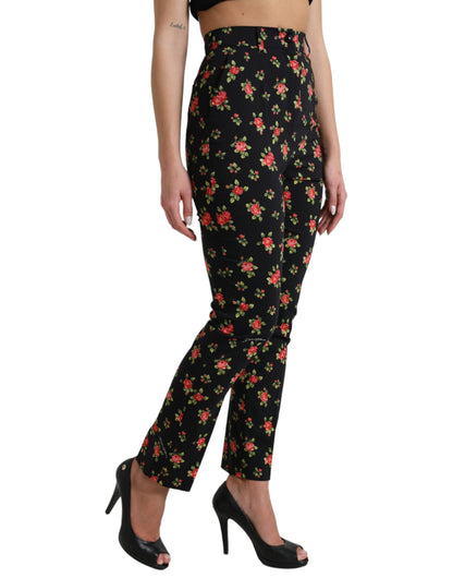 Dolce &amp; Gabbana Schwarze, schmal zulaufende Hose aus Wolle mit Blumenmuster und hoher Taille