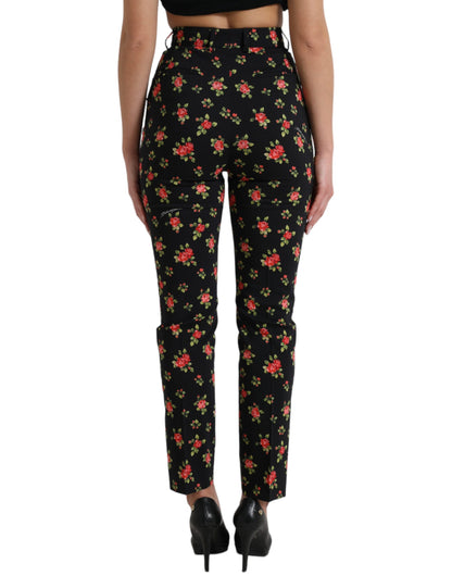 Dolce &amp; Gabbana Schwarze, schmal zulaufende Hose aus Wolle mit Blumenmuster und hoher Taille