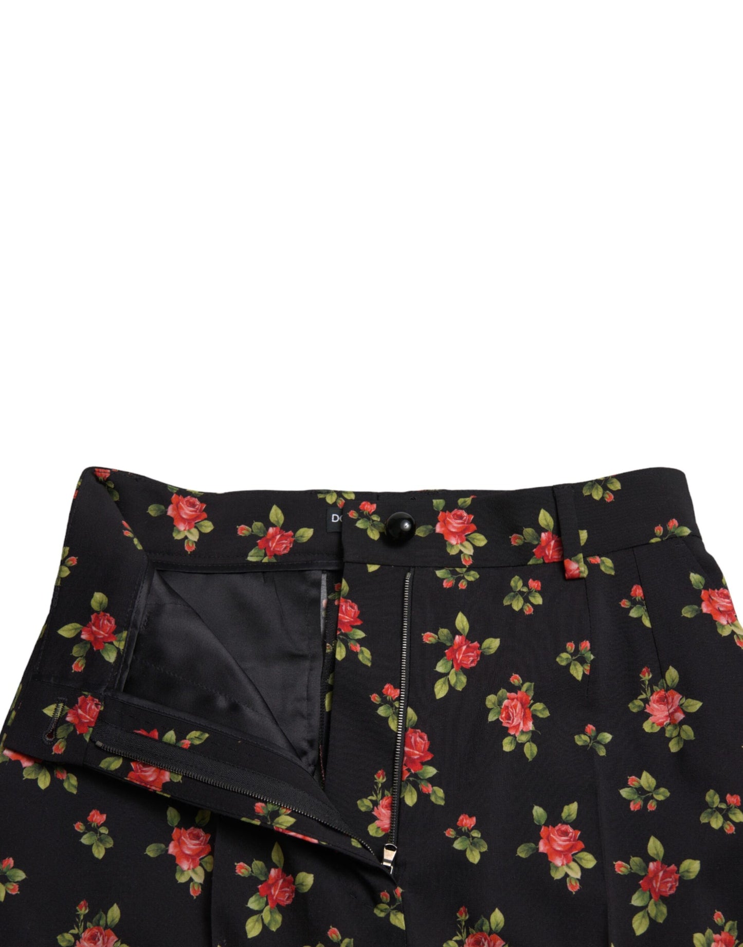 Dolce &amp; Gabbana Schwarze, schmal zulaufende Hose aus Wolle mit Blumenmuster und hoher Taille