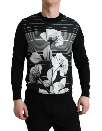 Dolce &amp; Gabbana Schwarzer Woll-Seidenpullover mit Blumendruck