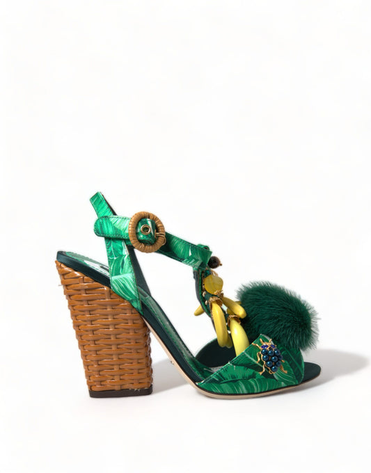 Dolce &amp; Gabbana Grüne, mit Bananenblättern verzierte Sandalen mit T-Riemen