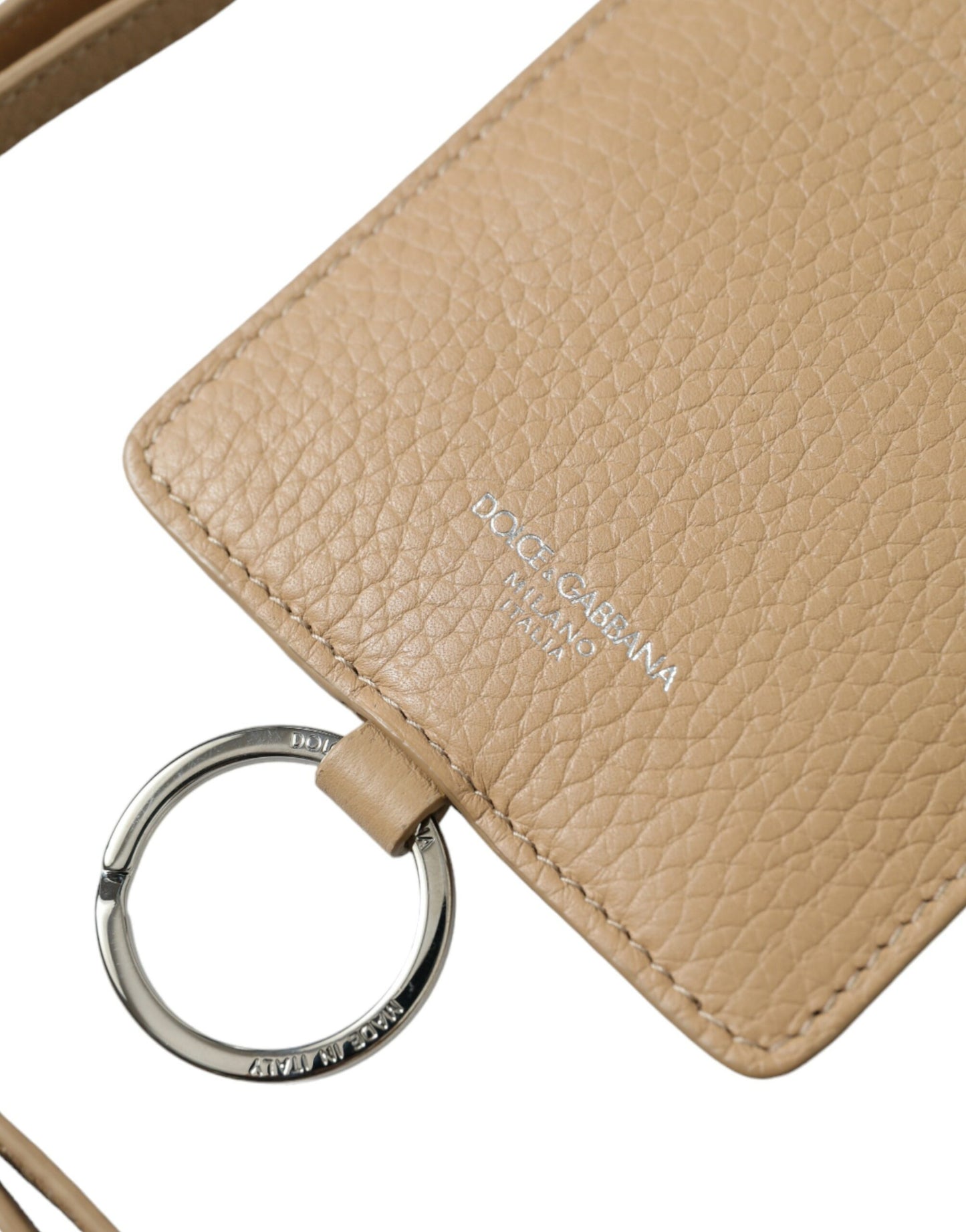 Dolce & Gabbana Beige Calf Leather Lanyard Logo Card Holder Wallet