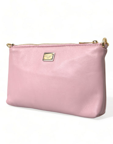 Dolce & Gabbana Elegant Pink Leather Pouch Clutch with Floral Embroidery