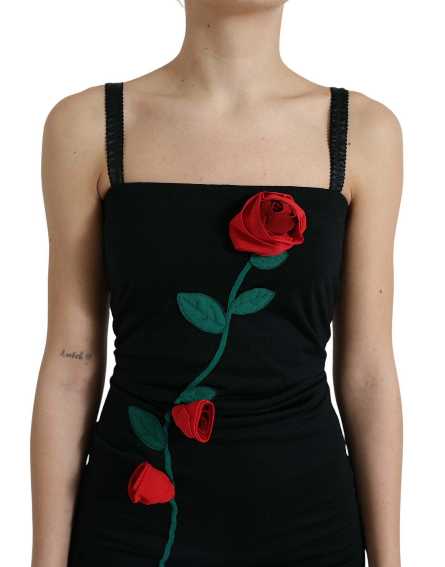 Dolce &amp; Gabbana Schwarze Rosen Wolletui, figurbetontes Midikleid