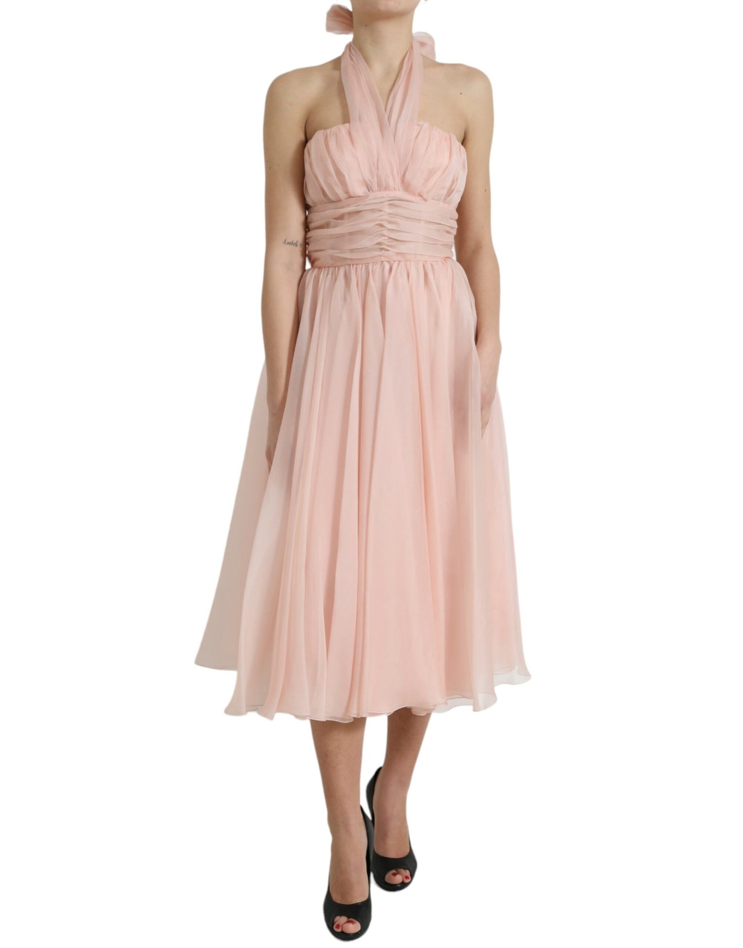 Dolce &amp; Gabbana Rosa Seiden-Chiffon-Neckholder-Midikleid in A-Linie mit Plissee