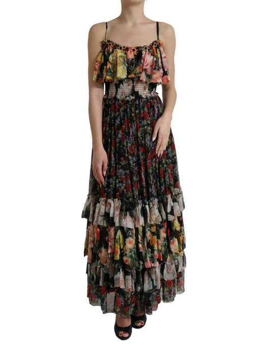 Mehrfarbiges, gestuftes Maxikleid aus Chiffon mit Blumenmuster von Dolce &amp; Gabbana