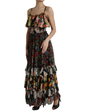 Mehrfarbiges, gestuftes Maxikleid aus Chiffon mit Blumenmuster von Dolce &amp; Gabbana