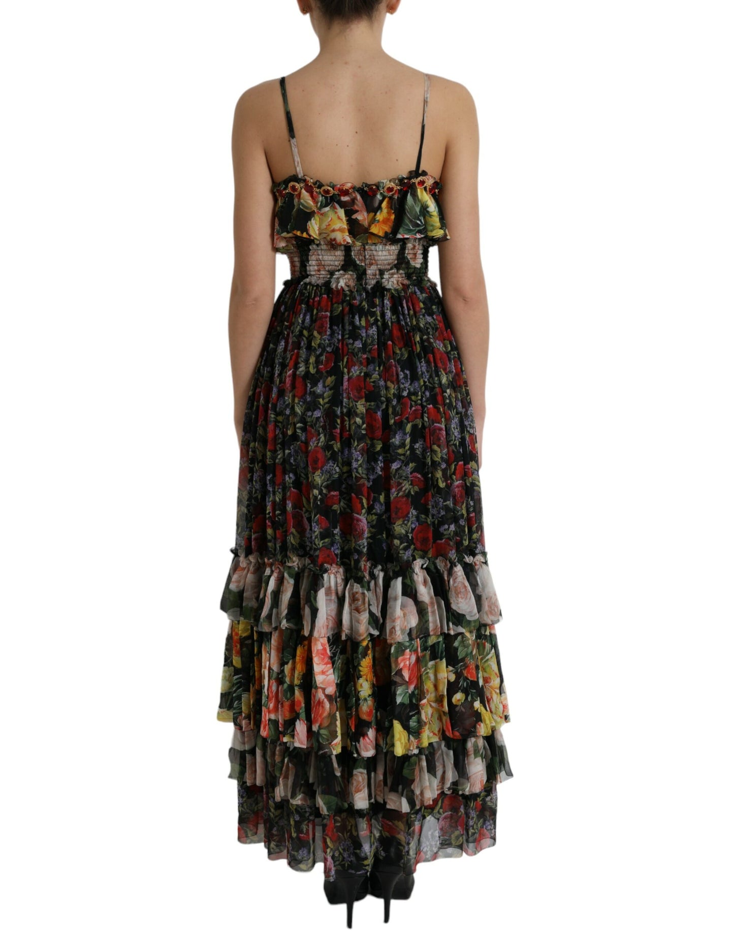 Mehrfarbiges, gestuftes Maxikleid aus Chiffon mit Blumenmuster von Dolce &amp; Gabbana