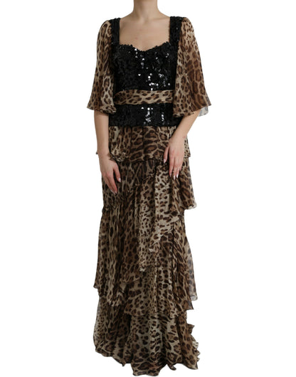 Dolce &amp; Gabbana Braunes, gestuftes, langes Kleid mit Leoparden-Pailletten