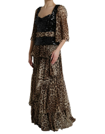 Dolce &amp; Gabbana Braunes, gestuftes, langes Kleid mit Leoparden-Pailletten