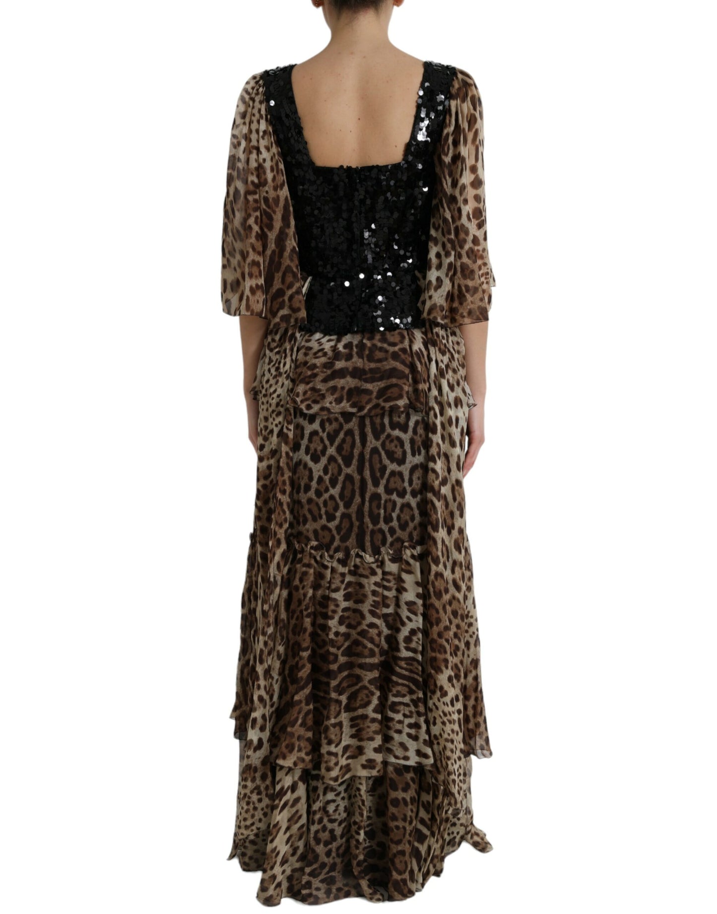 Dolce &amp; Gabbana Braunes, gestuftes, langes Kleid mit Leoparden-Pailletten