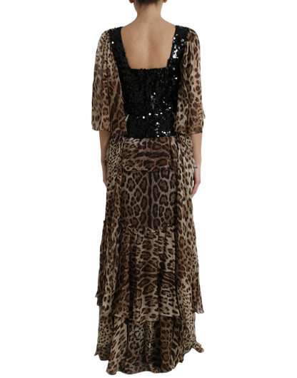 Dolce &amp; Gabbana Braunes, gestuftes, langes Kleid mit Leoparden-Pailletten