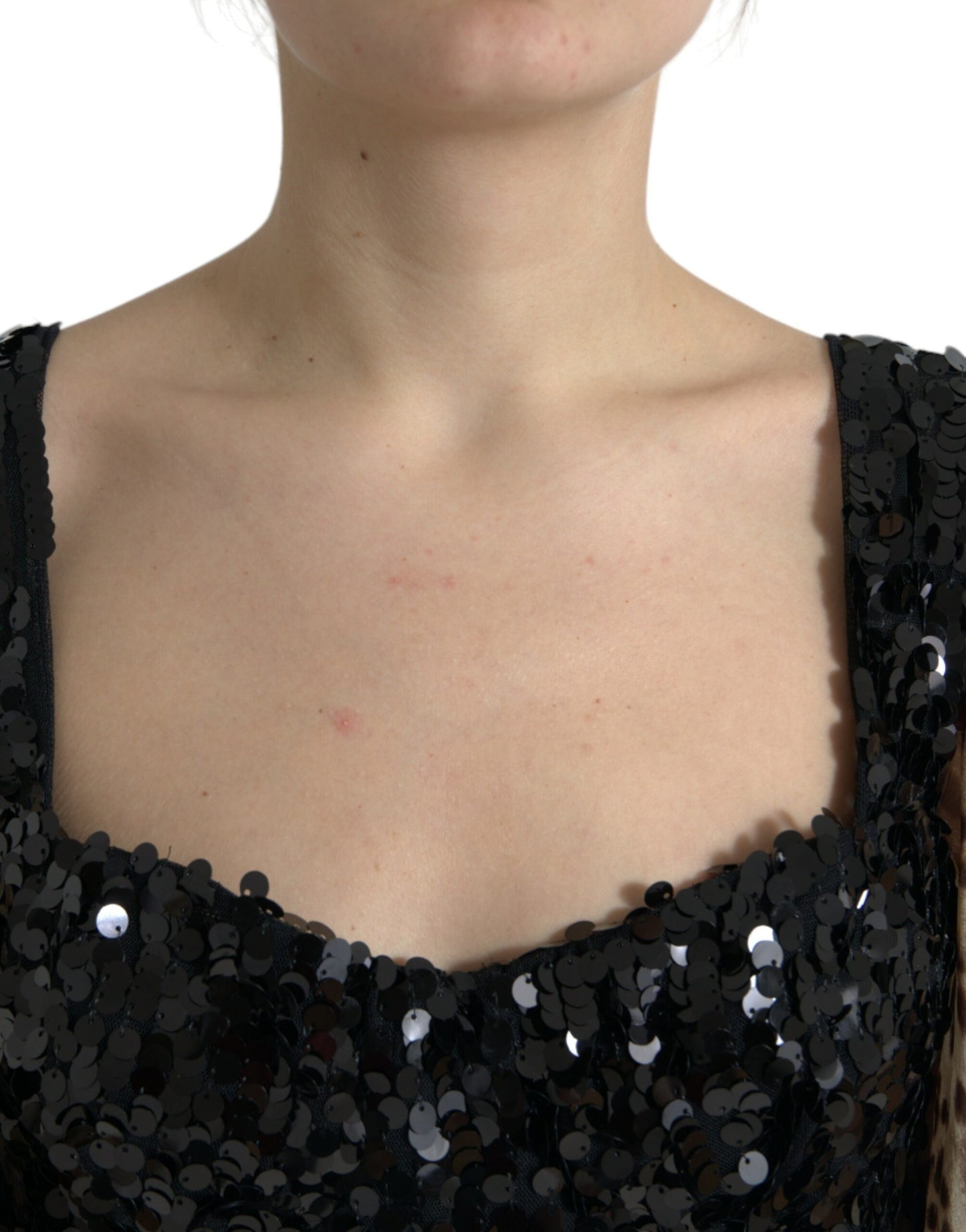 Dolce &amp; Gabbana Braunes, gestuftes, langes Kleid mit Leoparden-Pailletten