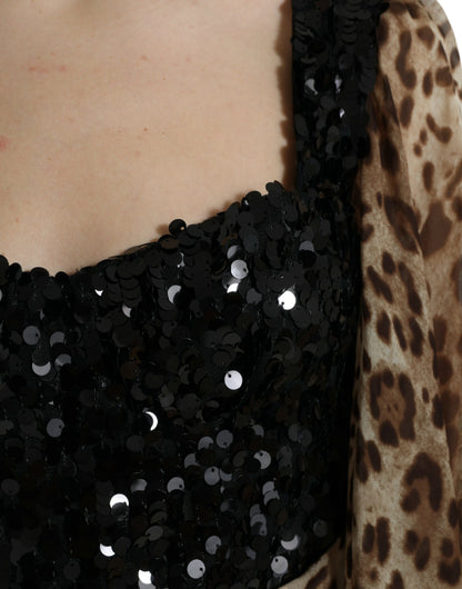 Dolce &amp; Gabbana Braunes, gestuftes, langes Kleid mit Leoparden-Pailletten