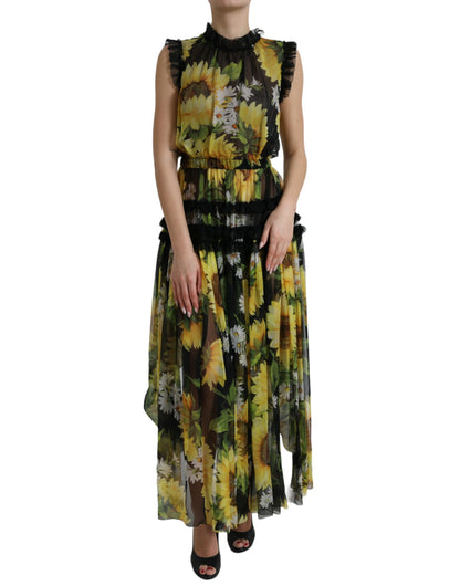 Dolce &amp; Gabbana Schwarzes, plissiertes Maxikleid mit Sonnenblumenmuster in A-Linie