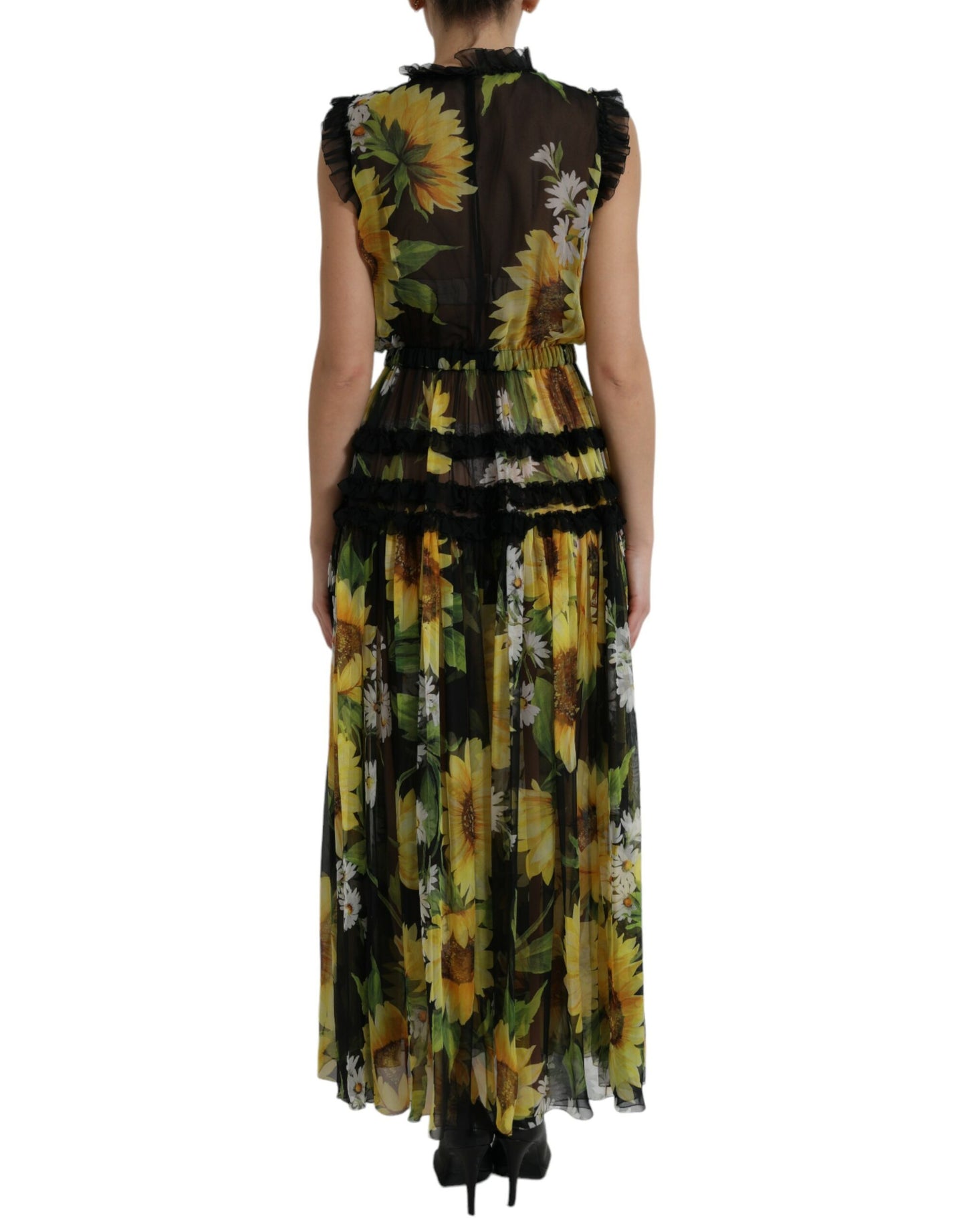 Dolce &amp; Gabbana Schwarzes, plissiertes Maxikleid mit Sonnenblumenmuster in A-Linie