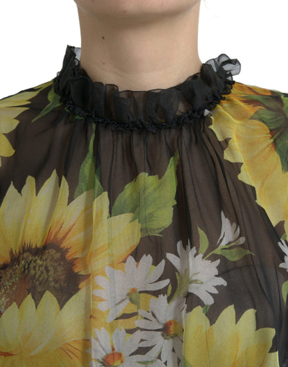 Dolce &amp; Gabbana Schwarzes, plissiertes Maxikleid mit Sonnenblumenmuster in A-Linie