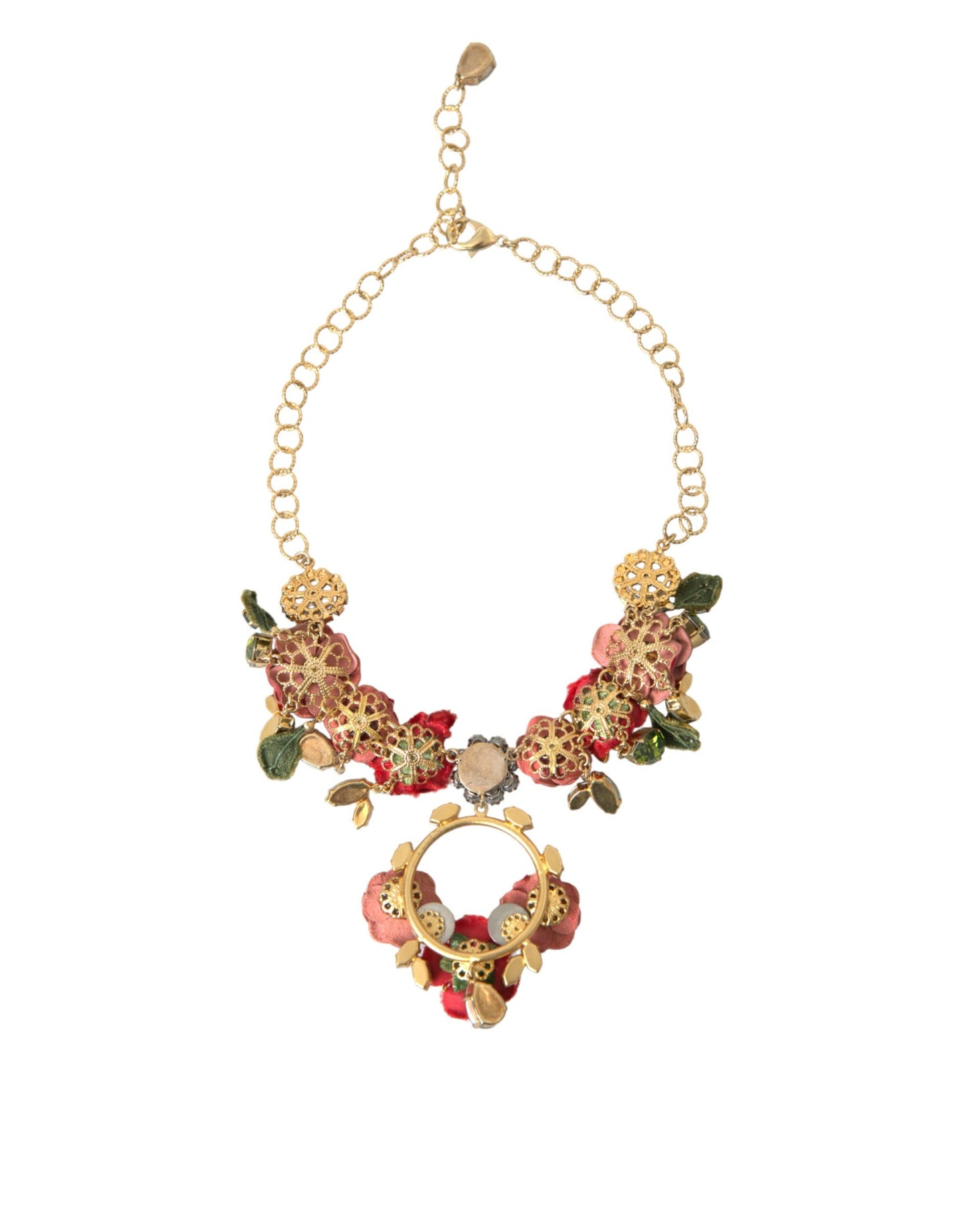 Dolce & Gabbana Gold Brass Link Chain Rose Petal Crystal Pendant Necklace