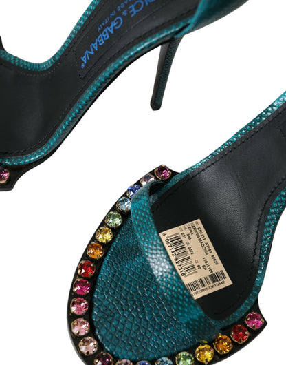 Dolce & Gabbana Blue Exotic Leather Crystal Sandals Shoes