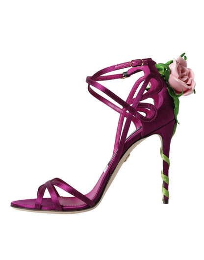 Dolce & Gabbana Purple Flower Satin Heels Sandals Shoes