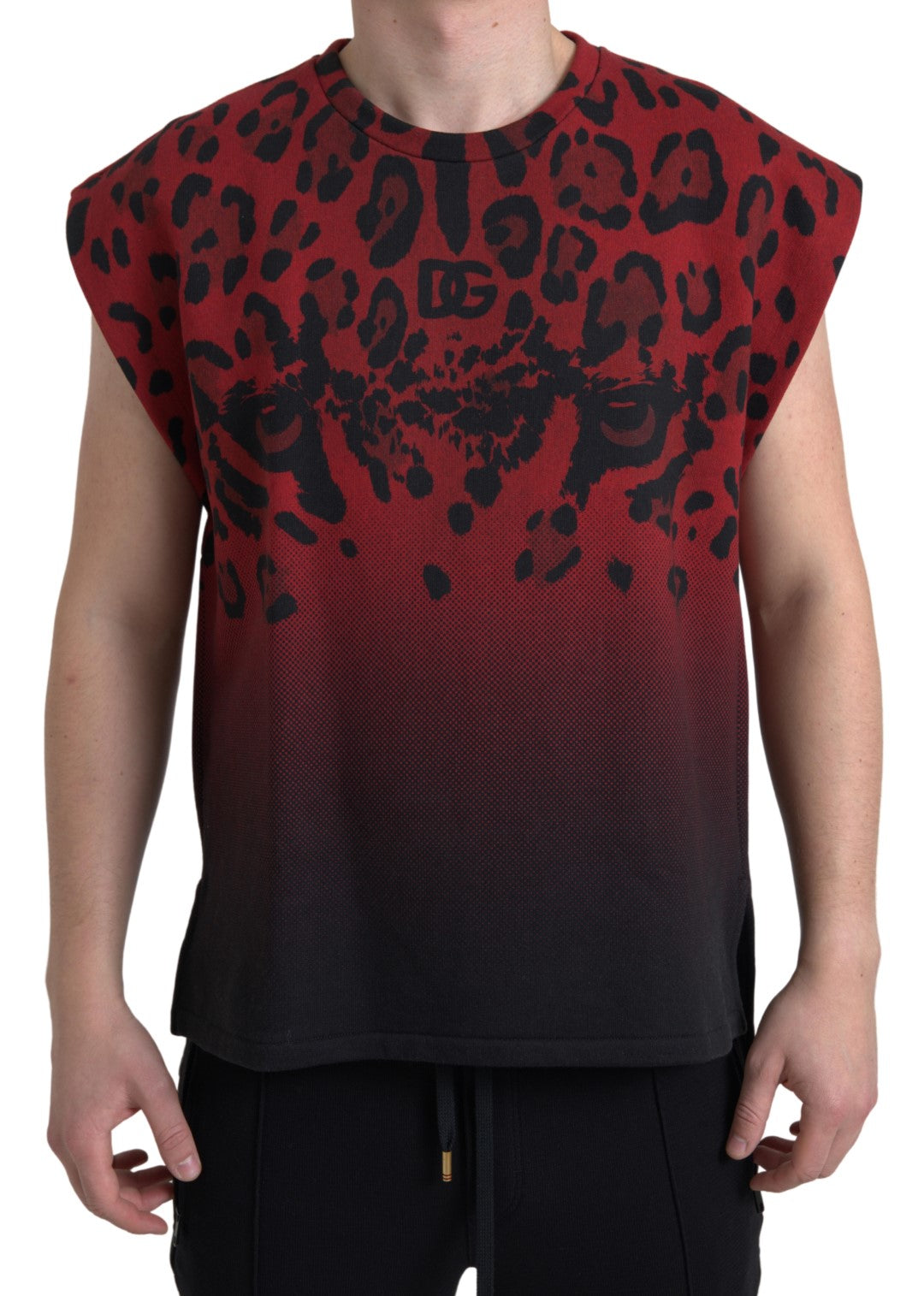 Dolce &amp; Gabbana Rotes, ärmelloses Tank-T-Shirt aus Baumwolle mit Leopardenmuster