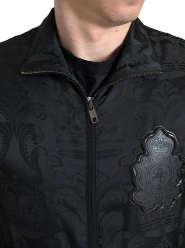 Dolce &amp; Gabbana Schwarzer Pullover mit durchgehendem Reißverschluss und Brokat-Logo, lässige Herrenjacke