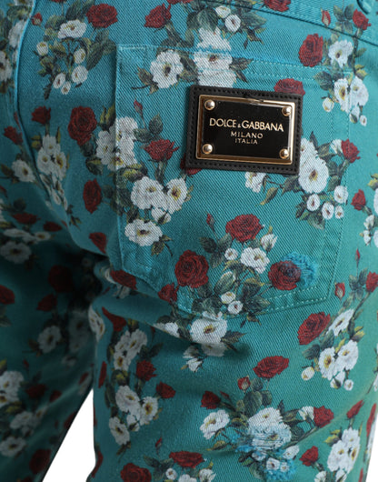 Dolce &amp; Gabbana Blaue, schmale Jeanshose aus Baumwolle mit Blumenmuster