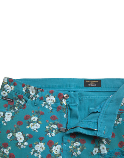 Dolce &amp; Gabbana Blaue, schmale Jeanshose aus Baumwolle mit Blumenmuster