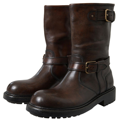 Dolce & Gabbana Elegant Brown Leather Mid-Calf Biker Boots