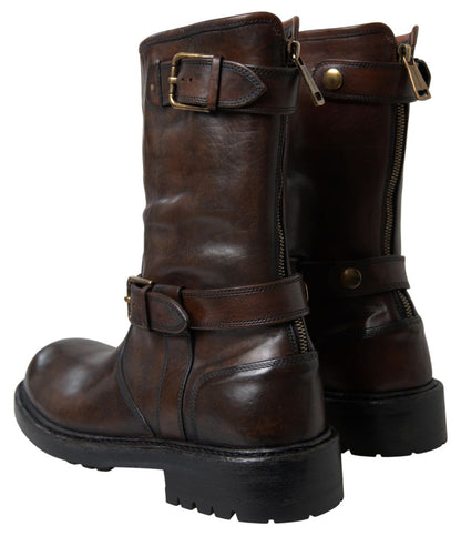 Dolce & Gabbana Elegant Brown Leather Mid-Calf Biker Boots