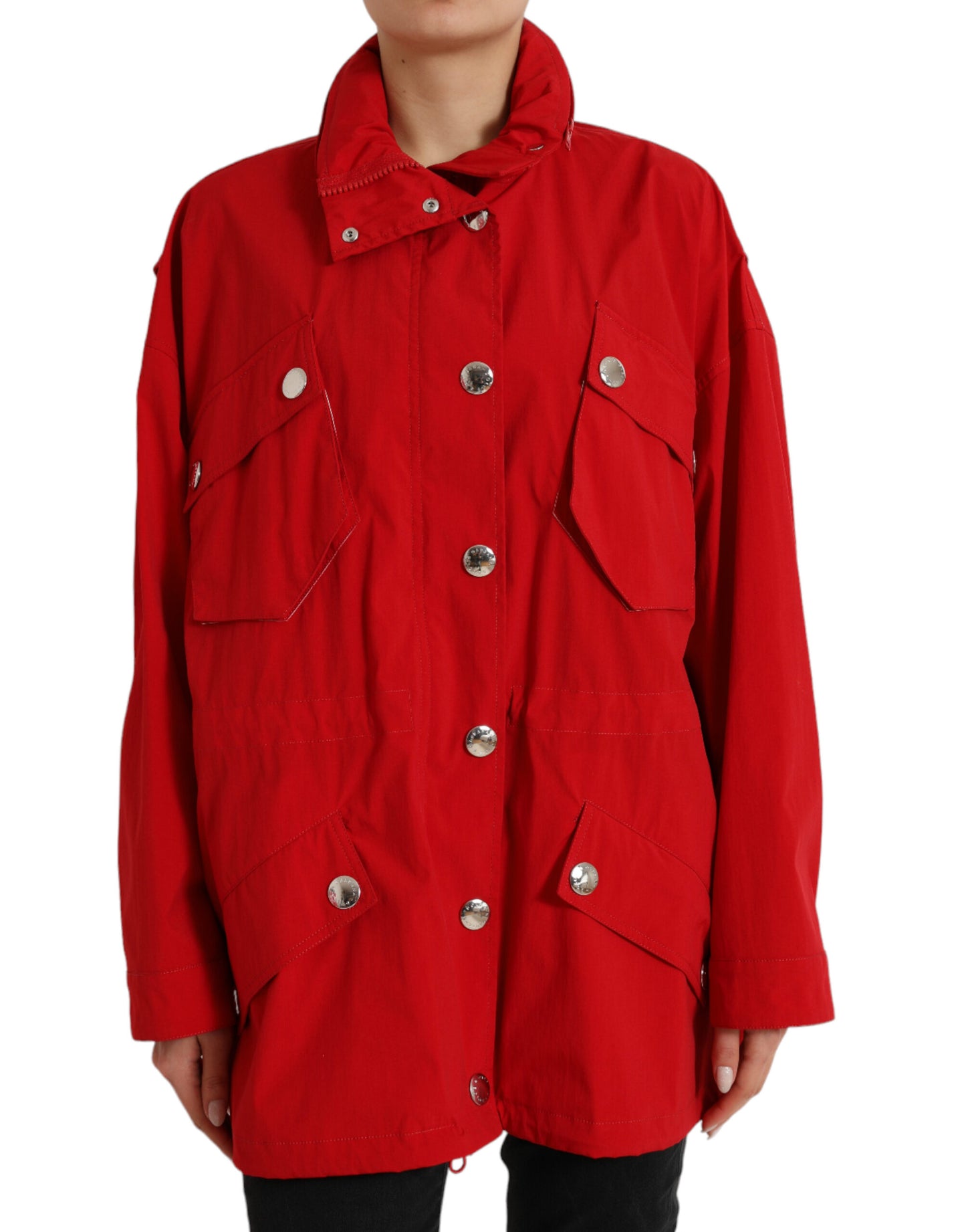 Dolce &amp; Gabbana Rote Polyester-Regenmanteljacke mit Kapuze und Knöpfen