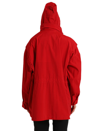 Dolce &amp; Gabbana Rote Polyester-Regenmanteljacke mit Kapuze und Knöpfen