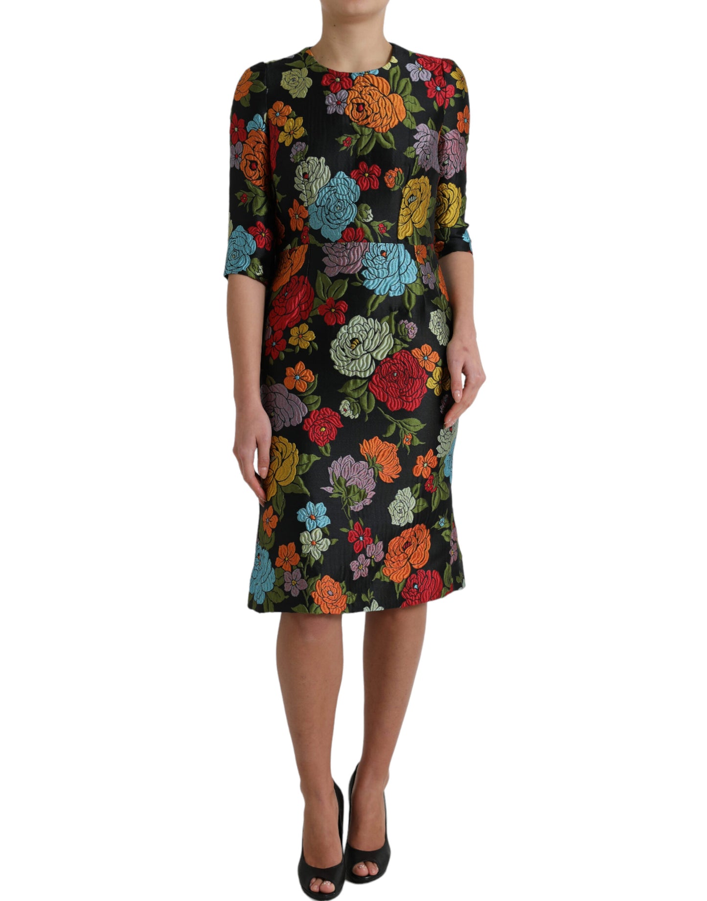 Dolce &amp; Gabbana Schwarzes knielanges Kleid mit Blumenstickerei